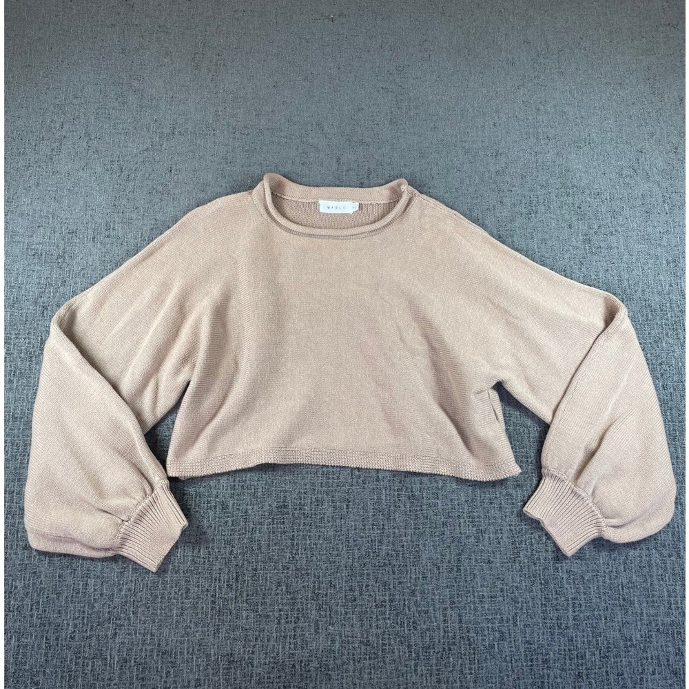 Mable Womens Tan Beige Cropped Mock Neck Balloon Sleeve Knit Sweater Size ML